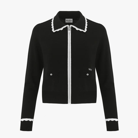 FRILL COLLAR ZIP-UP CARDIGAN(BLACK)