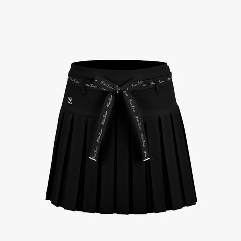 DOUBLE PLEATS SKIRT WITH RIBBON BELT(BLACK)