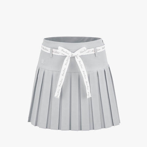 DOUBLE PLEATS SKIRT WITH RIBBON BELT(GRAY)