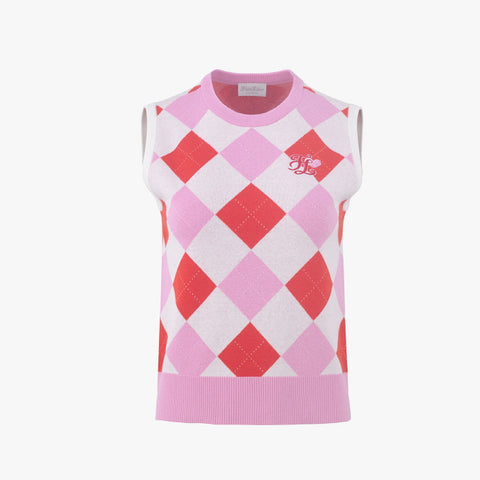 HEART ARGYLE KNIT VEST(PINK CHORAL)